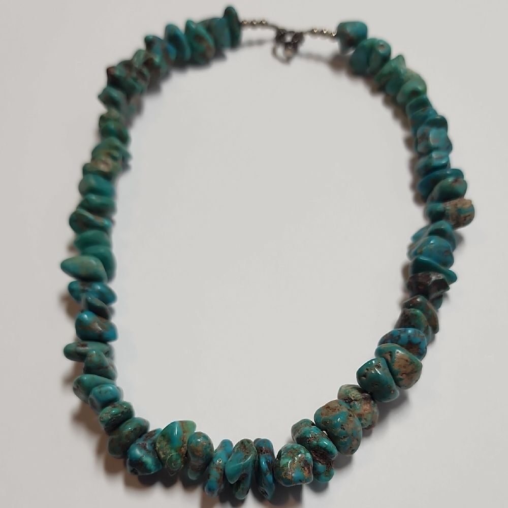 Sterling Silver And Genuine Turquoise Beaded Necklace 14"